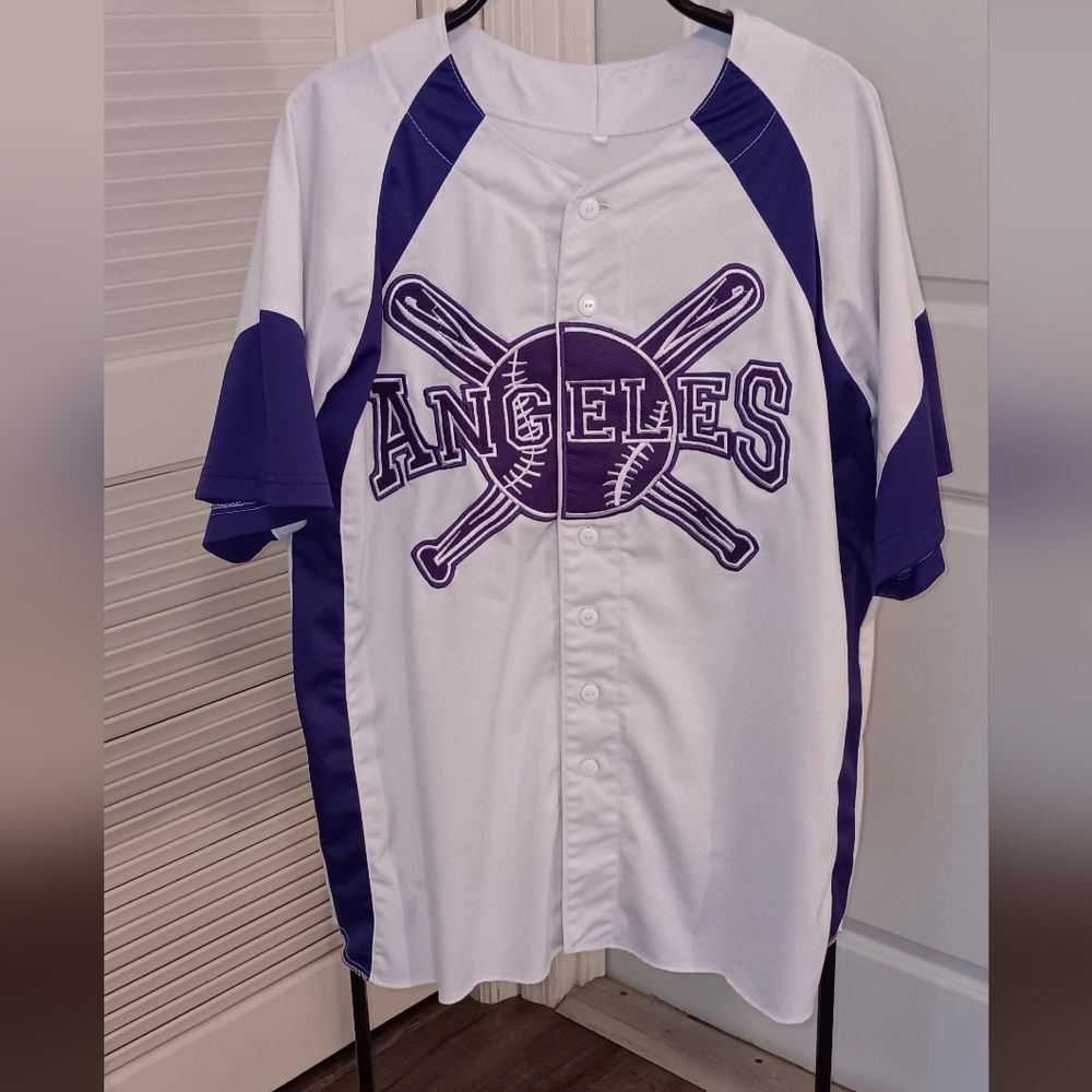 Los Angeles Baseball Men's Size 46 Jersey White Purple Button Down #21 Loma